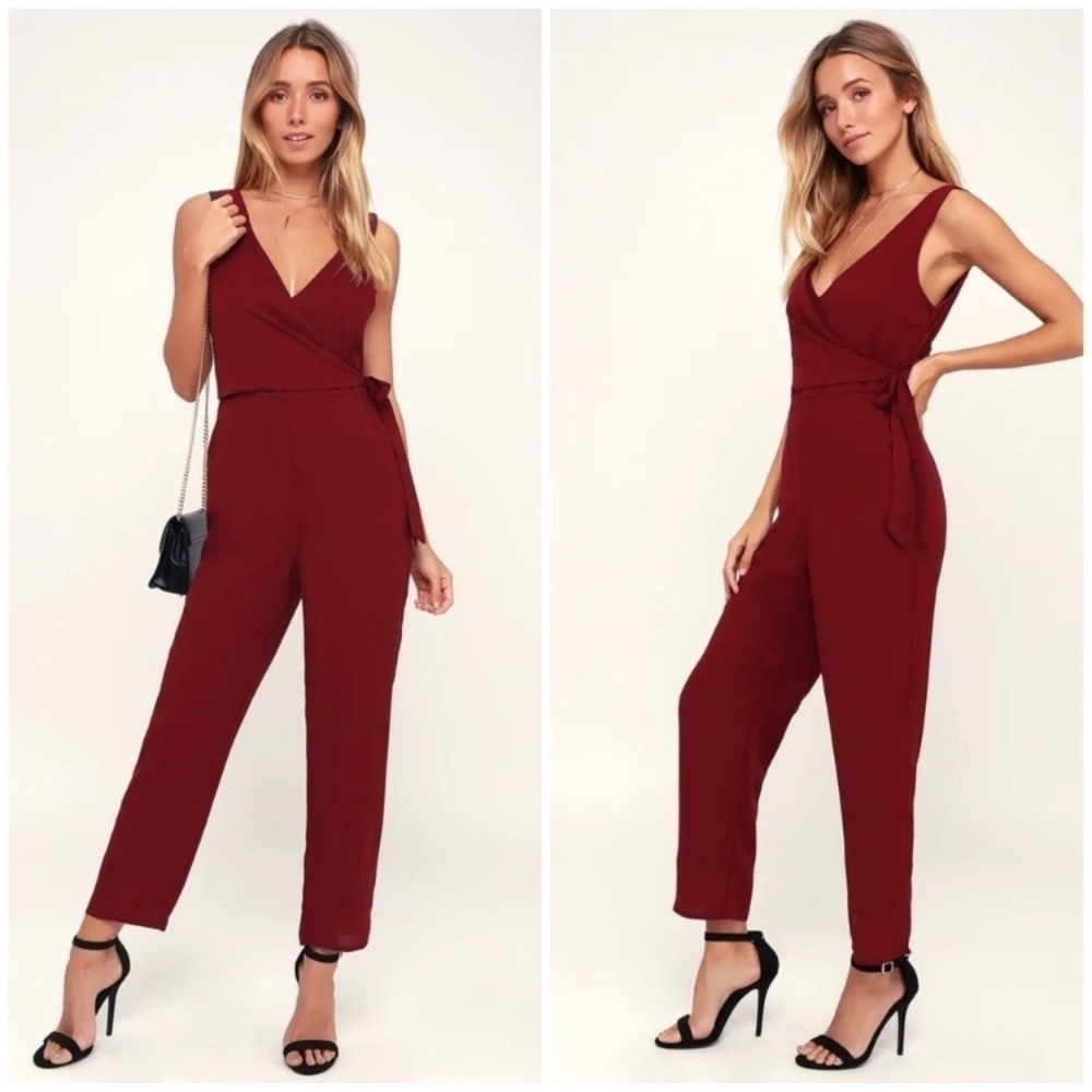Lulu’s Like It Like That Wine Red Sleeveless Surplice Jumpsuit